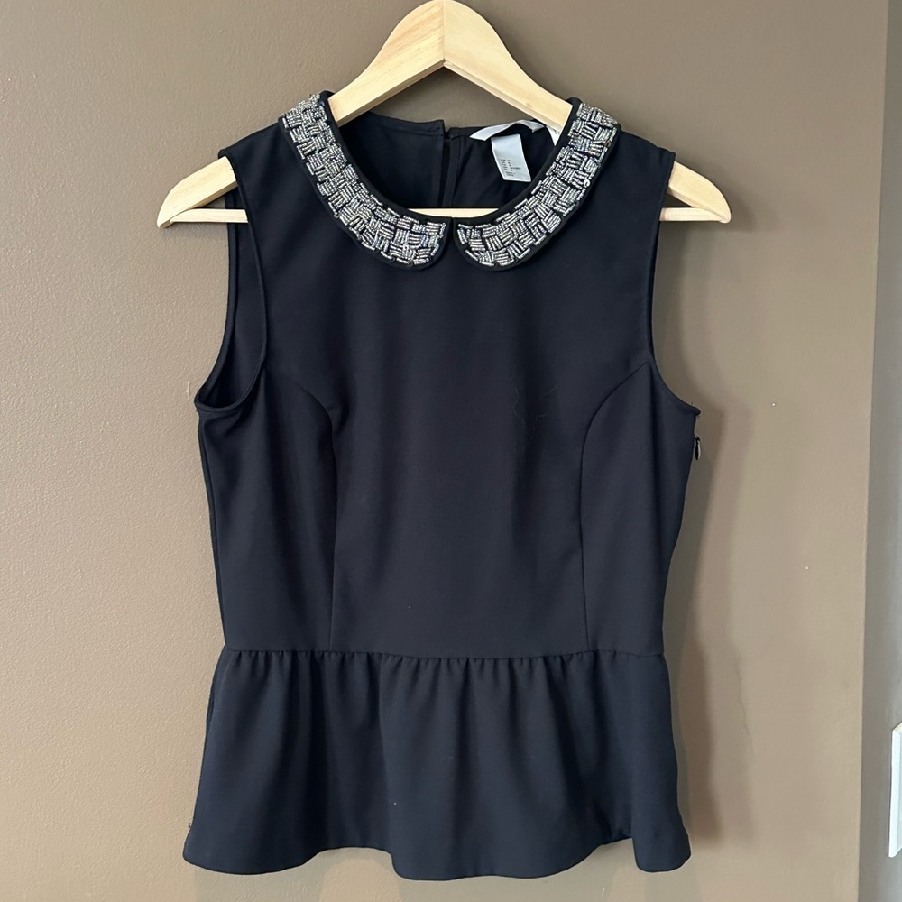 H&M Black Sleeveless Beaded Peter Pan Collar Peplum Top